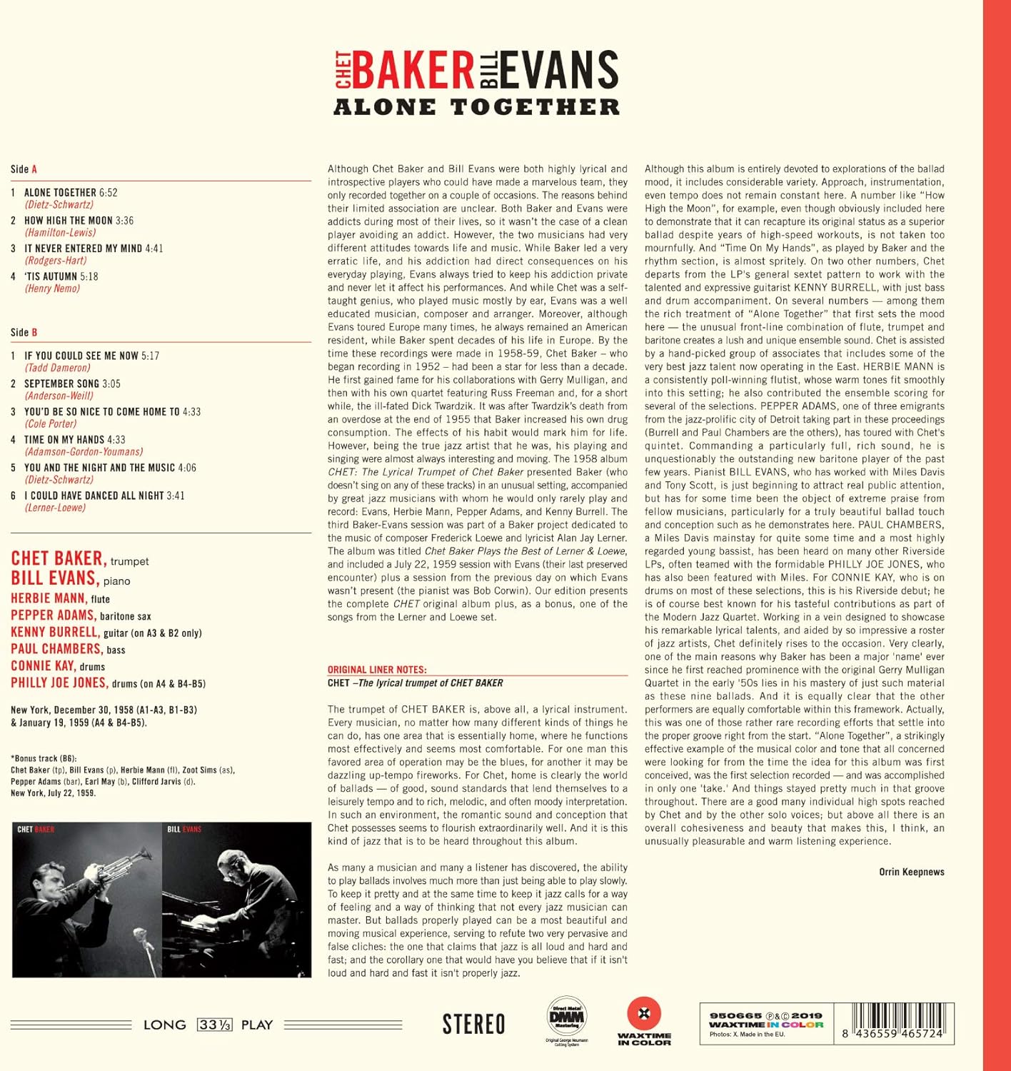 Chet Baker/ Bill Evans Alone Together LP Vinile Edizione Limitata Colorato Red