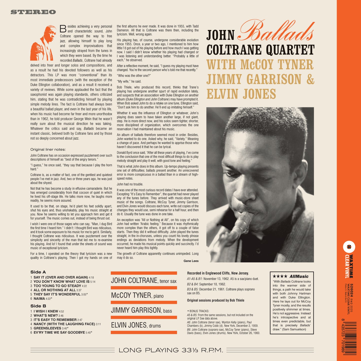 John Coltrane Ballads + 4 Bonus Tracks Vinile Trasparente 180GR. Lp Limitato