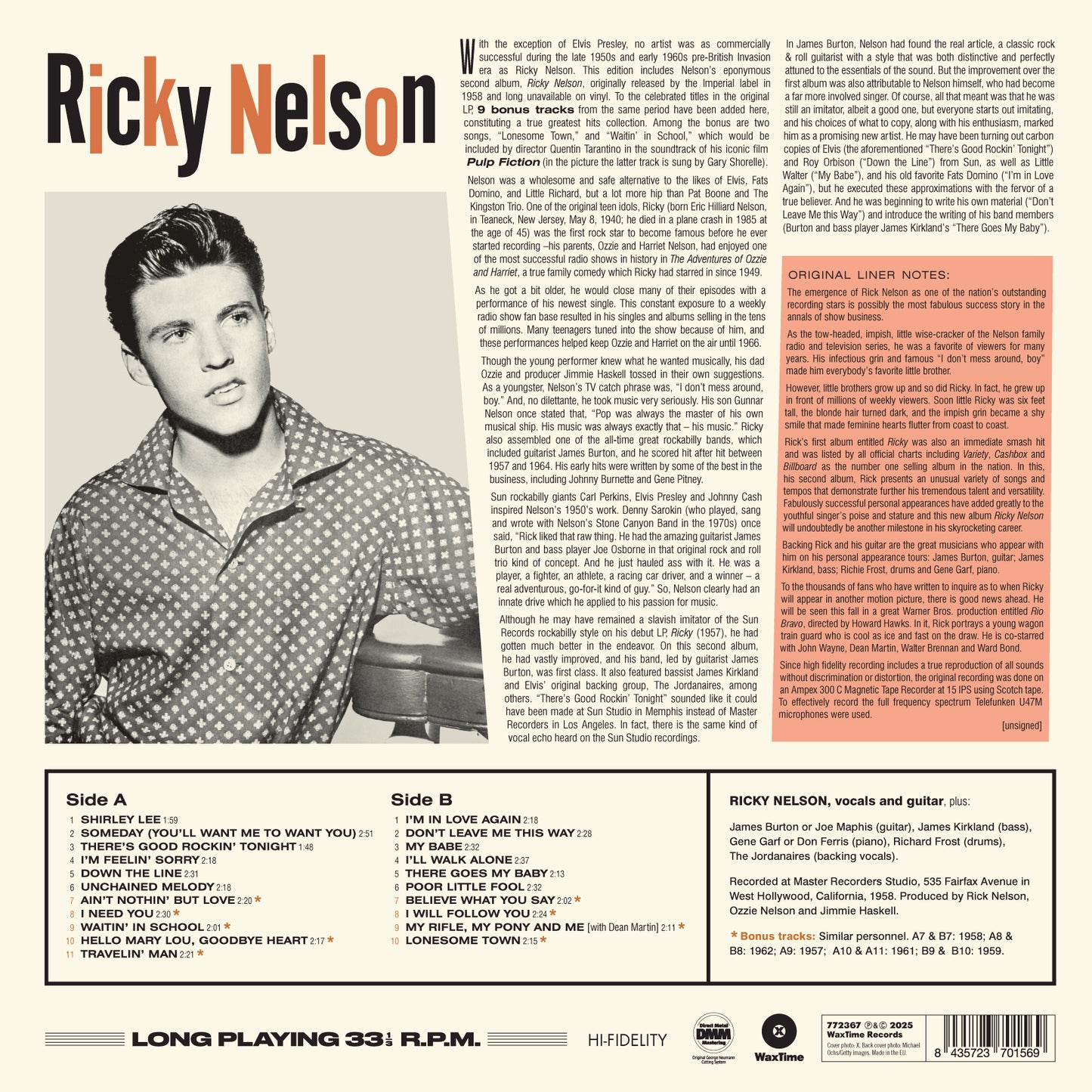 Ricky Nelson Ricky Nelson's Collection Second Album + 9 Bonus Tracks  180G Limited Edi.LP Vinile